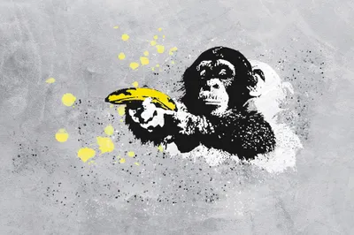 Produktbild von Streetart Kunstdruck Bild - Banksy, Affe mit Bananenpistole (80 x 120 cm)