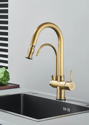 Produktbild von 3-Wege Küchenarmatur Parma mit Wasserfilter-Anschluss, herausziehbare Brause, 360° schwenkbar, getrennte Wasserwege, Keramikkartusche Gold