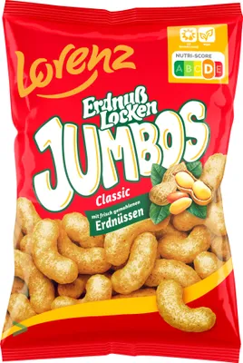 Produktbild von Lorenz Erdnußlocken Jumbos Classic XXL Erdnussflips Mais-Snack Erdnuss-Genuss 6er Pack (6x150g Packung) + usy Block