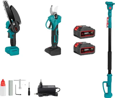 Zdjęcie produktu dla Teleskopowa elektryczna pilarka łańcuchowa, moc 3500 W, 6-calowa prowadnica, 2 akumulatory, 1 wtyczka