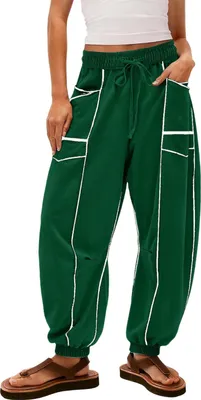 Image de ASKSA Damen Hose Trainingshose Kordelzug Baggy Jogginghose Y2K Patchwork Loose Fit Stretch High Waist Streetwear Sporthose (Dunkelgruen,L)