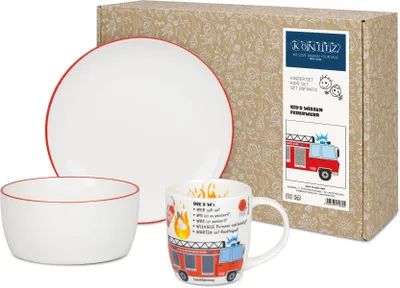 Produktbild von KÖNITZ 1150003026 Kid's Wissen Feuerwehr Kinderset 3-tlg. im Geschenkkarton / Becher, Teller, Müslischale