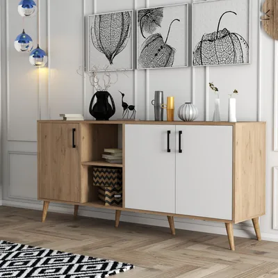 Obrázek produktu pro Skye Decor, moderní konzolový stolek (180 cm), dub a bílá, výška 80 cm, hloubka 45 cm | 100% melaminem potažená dřevotřísková deska, tloušťka 18 mm | Možnost montáže na zeď, skandinávský design s mnoha policemi.