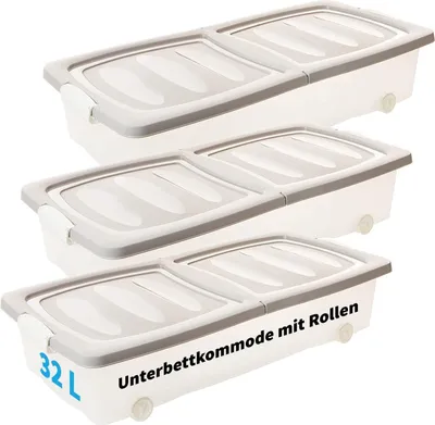 Produktbild von Unterbettbox mit Rollen, flach, geteiltem Deckel, 3er Set, 32L, transparent, stapelbar