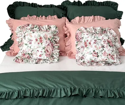 Obrázok produktu pre Posteľná Bielizeň Bavlnené Obliečky 220X200 Cm + 6 Na Vankúše S Volánom Spálňová Súprava Obliečka Obliečka Fľaškovo Zelená Farba Retro Kvety