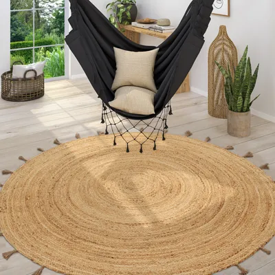 Produktbild von Teppich Rund Wohnzimmer Jute Boho Ethno Muster Modern Handgefertigt Naturteppich Grösse 120 cm Rund