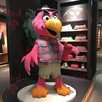 Produktbild von Rosa REDBROKOLY Papagei Maskottchen kostüm gekleidet mit einem Flanellhemd und Geldbörsen