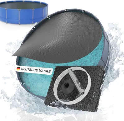 A cutaway view of a solar pool cover, showing its layered construction and a separate component with a valve. Water splashes around the product.