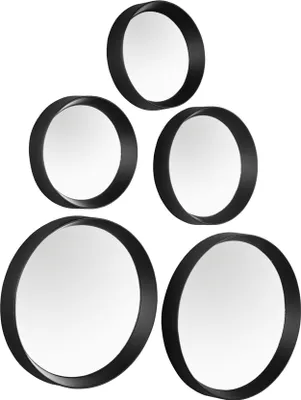 A set of five round mirrors with black frames arranged in a staggered formation against a white background.