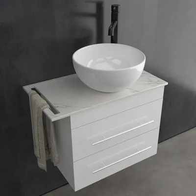 Produktbild von Alpenberger Waschbecken mit Unterschrank 60 cm | Badmöbel Set Gäste WC mit Keramik Aufsatzwaschbecken und Keramikplatte