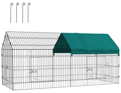 Productafbeelding van Kleine dierenverblijf met dak, 4 deuren, weerbestendig, staal/polyester, 220x85x103 cm, groen/zwart