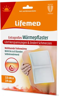 Obrázok produktu pre Lifemed Ohrievacie náplasti Extra Veľké 190x130 mm – 8 hodín hlbokého tepla pri bolestiach a svalových napätíach, biela, 1 ks.