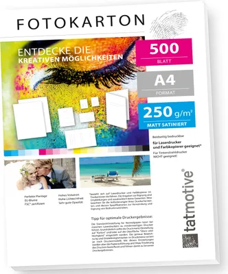Produktbild von TATMOTIVE F01M500 Fotokarton Fotopapier 250g matt weiß / Laserdrucker / DIN A4 / Beidseitig bedruckbar / 500 Blatt