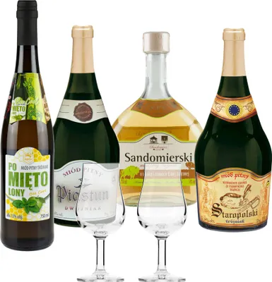 Produktbild von Setz von 4 Mets mit Gläsern (Honigwein Dwójniak-Halber / 3x Trójniak-Drittel) | 3000ml | 13-16% Alkohol Metwein | Polnische Produktion