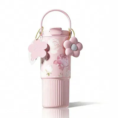 Image de Bouteille isotherme pour femmes – Bouteille isotherme en acier inoxydable 316 de 860 ml avec bouchon à vis et paille – Étanche, conserve la chaleur/le froid – Pour le bureau, le sport et les voyages