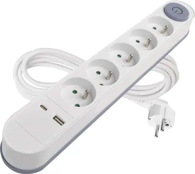Prodlužovací kabel 3 m / 5 zásuvky / s vypínačem / bílý / 1×USB-A + 1×USB-C / 1,5 mm2