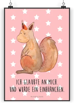 Produktbild von Mr. & Mrs. Panda Bild Einhorn Glauben DIN A3 - Rot Pastell - Geschenk, Plakat, Eichhorn, Einhörnchen, drucke, wanddeko, Eichhörnchen, Wandbild, Einhörner, Unicorn