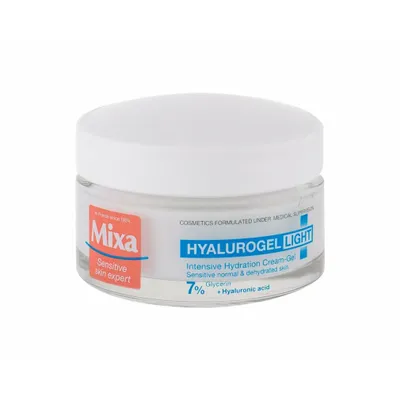 A jar of Mixa Hyalurogel Light intensive hydration cream-gel for sensitive skin.