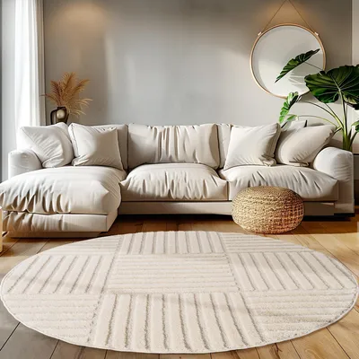 Immagine prodotto di Teppium Tappeto a Pelo Alto per Soggiorno Stile Boho Scandinavo Effetto 3D Shaggy Morbido e Soffice, Dimensioni: 120 cm rotondo