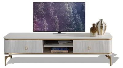 Image de Meuble TV bas avec façades rainurées, deux tiroirs et étagère ouverte