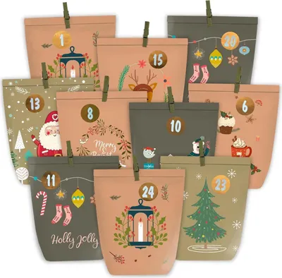 Produktbild von DIY Adventskalender Tüten Set, 24 Kraftpapiertüten mit Aufkleberzahlen