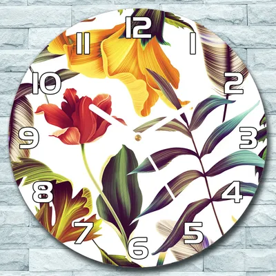 Produktbild von Wanduhr aus Glas Rund fi 30 Pflanzen und Federn Quarz Deko Wohnzimmer Büro