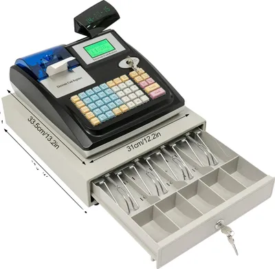 A black electronic cash register with an open cash drawer, displayed on a white background.