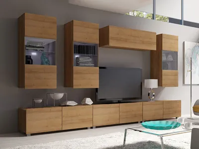 Produktbild von Wohnwand CALABRINI-11 Wohnzimmer-Set Hängewohnwand Schrankwand mit LED-Beleuchtung TV-Schrank Vitrine Moderne Anbauwand (Goldene Eiche)