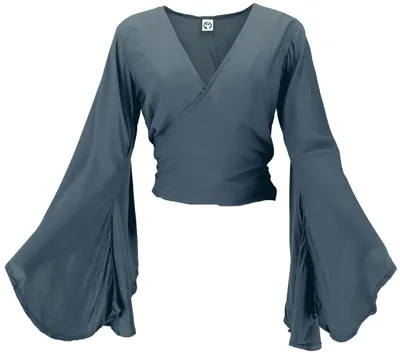 Produktbild von Kurztop, Boho Blusentop mit Trompetenärmeln, Wickeltop, Wickelbluse - Taubenblau, Damen, Grau, Viskose, Blusen & Tunikas