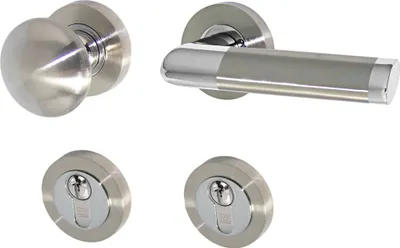 A set of door hardware, including a doorknob, a lever handle, and two keyhole escutcheons, displayed against a white background.