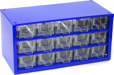 Produktbild von MARS Kleinteilemagazin mit 15 kleinen Schubfächer Metallgehäuse | HxBxT 14,7x30,6x15,5cm | Blau