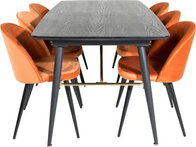 Image de Gold ensemble table, table extensible longueur cm180 / 220 noir et 6 Velvet chaises Velours orange, noir.