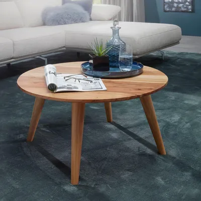 Produktbild von FineBuy Couchtisch Akazie Massivholz rund 75 cm · Wohnzimmertisch im skandinavischen Retro Design · Handgefertigter Holztisch mit konischen Beinen