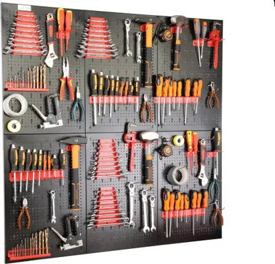 Produktbild von botle® Werkzeugwand Lochwand aus Metall 120 x 120 cm, Wandregal + Werkzeughalter 50-tlg Set, Kleinteilelager,  Wandwerkstatt Hängeregal Sortierregal Schüttenregal Steckregal