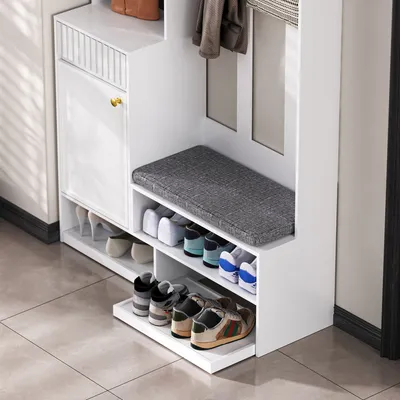 Produktbild von MODFU Flurgarderoben-Set Kleiderschrank mit Türen und Schubladen,Garderoben-Set Garderobenschrank mit Schuhbank,Wandgarderobe mit Haken,Weiß