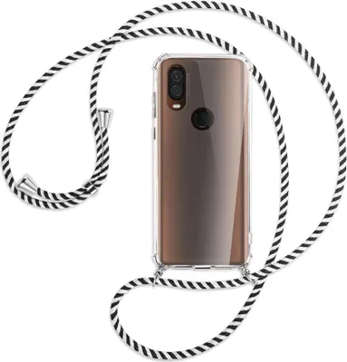 Produktbild von Handykette Backcover-Schutzhülle mit Band (Metall silberfarben) für Motorola One Vision - schwarz/weiß gestreift