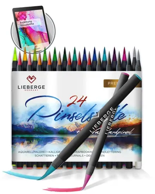 Produktbild von LIEBERGE Pinselstifte Premium-Set - 24 Brushpens + 2 Wassertankpinsel - Brush Pen mit flexibler Pinselspitze für Aquarell, Hand Lettering uvm.