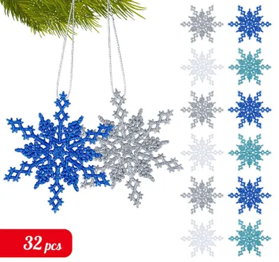 Produktbild von 32 Stück Glitzer Schneeflocken Ornamente, Weihnachtsbaumschmuck aus Kunststoff, 10,2 cm Schneeflocken in Silber/Weiß/Blau