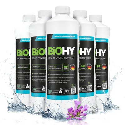Produktbild von BiOHY Profi Fensterreiniger + Dosierer, Glasreiniger, Fensterputzmittel, 6 x 1 l