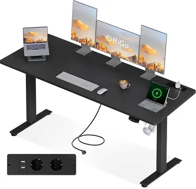 Produktbild von Höhenverstellbarer Schreibtisch mit Steckdosen, 200x80cm, Schwarz | Elektrischer Schreibtisch mit USB Ladeanschluss, Schreibtisch Höhenverstellbar mit Memory Funktion, Computertisch für Home