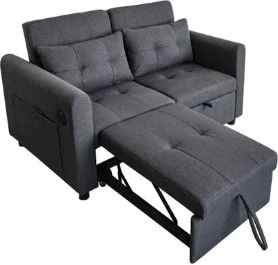 Produktbild von Tagesbett 142x85x83 cm Grau Couchbett Einzelbett Doppelsofa Gaestebett 3-in-1-Ausziehsofa verstellbarer Rueckenlehne USB Armlehnentaschen und Kissen