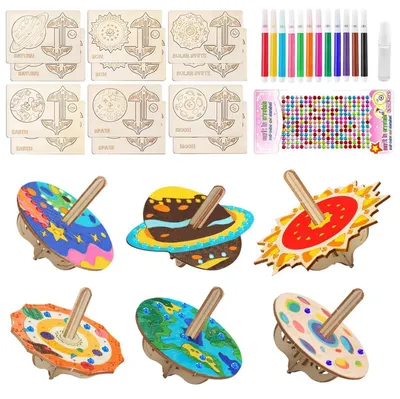 Immagine prodotto di Set per creare girandole di legno, confezione da 12 pezzi, da decorare con pennarelli e adesivi, ideale per bambini