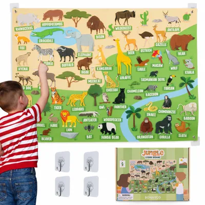 Produktbild von BONNYCO Filztafel mit 116 Dschungeltiere-Figuren. Montessori-Spielzeug und Geburtstags Geschenke für Kinder von 3 bis 8 Jahren. Sensoriktafel für Autismus, Lernspiele vom Dschungel