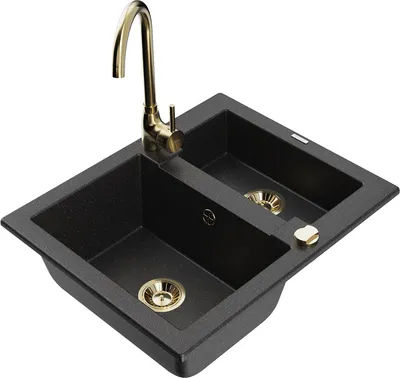 Produktbild von Mexen Carlos 1,5-Becken-Granitspüle mit Mischbatterie Telma, Schwarz/Silbermetallic - 6518-73-670200-50