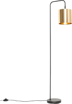 A modern black floor lamp with a gold/brass shade, shown against a white background.