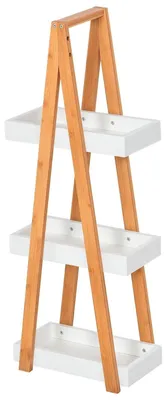 Obrázek produktu pro Police do koupelny – stojací, 3 úrovně – materiál: MDF a bambus – rozměry: 30 x 18 x 81 cm – barva: dřevo a šedá