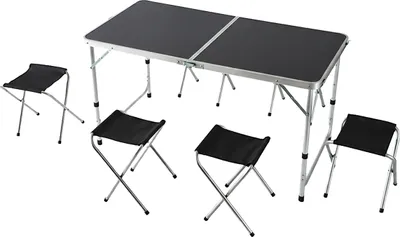 Produktbild von Relaxdays Campingtisch, 4 Sitzhocker, klappbar, höhenverstellbar, mit Tragegriff, Aluminium, MDF, Gartentisch, schwarz