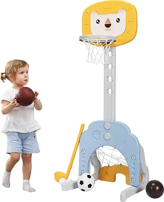 Produktbild von GOPLUS 3-in-1 Kinder Spielplatz, Basketballkorb & Fußballtor & Golfspiel, Höhenverstellbarer Basketballständer, inkl. Basketball, Fußball & Golfball, Junge (Löwe, gelb)