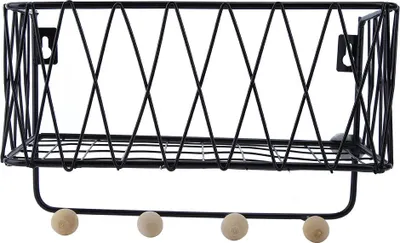 Produktbild von Wandmontiertes Aufbewahrungsregal aus Eisen mit Haken für Wohnzimmer und Schlafzimmer (Schwarz)