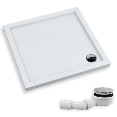 Zdjęcie produktu dla Brodzik Posadzkowy Prysznicowy Kwadratowy 90x90x5 Akrylowy, Gładki | w zestawie - Syfon, odpływ ⌀90 mm | BADLAND CASPAR